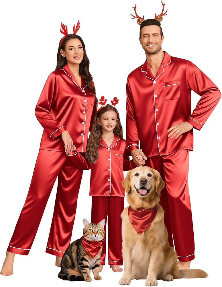 SWOMOG Family Matching Pajamas Set Silk Satin Button Down Sleepwear Long Sleeve Nightwear 2 Pcs P... | Amazon (US)