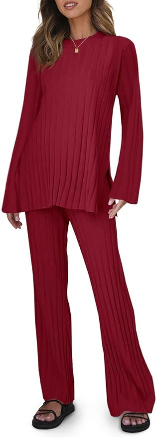 Tankaneo Womens Ribbed Knit Lounge Sets 2 Piece Outfit Long Sleeve Top and Pant Sets Casual Pajam... | Amazon (US)