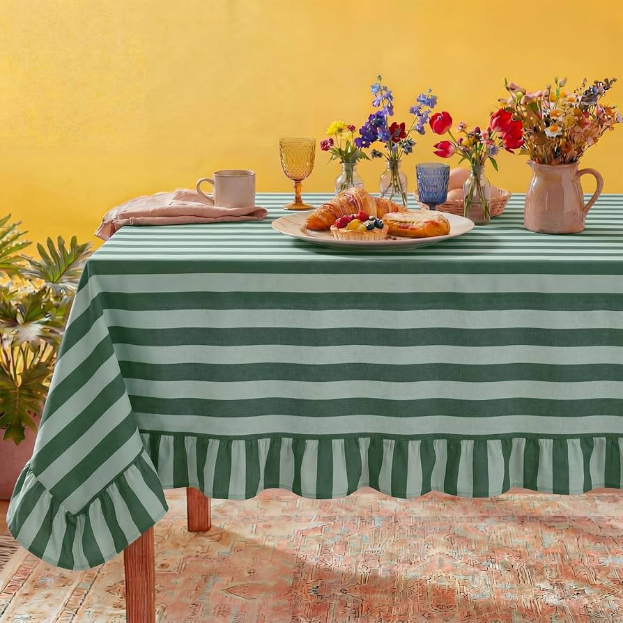 Tudomro 1 Pcs Ruffle Edge Striped Tablecloth, 52'' x 70'' Scalloped Table Cover, Farmhouse Linen ... | Amazon (US)