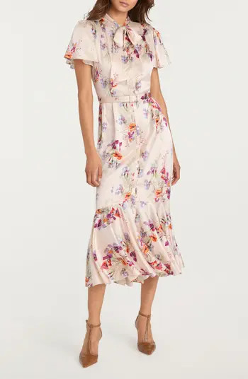 Cinq à Sept Iris Bouquet Willow Tie Neck Midi Dress in Oatmilk Multi at Nordstrom, Size 12 | Nordstrom