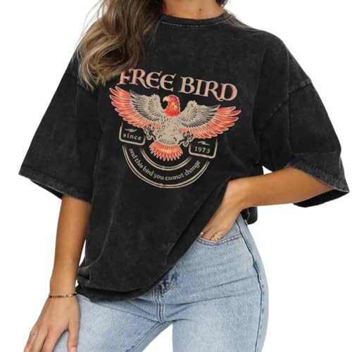 Women Vintage Rock Band T-Shirt America Free Bird Eagle Graphic Bleached Tee Rock Lovers Shirt Casual Short Sleeve Top(Charcoal Black-0055, S) | Amazon (US)