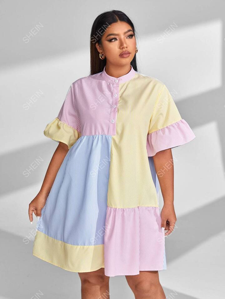 SHEIN EZwear Plus Striped Colorblock Flounce Sleeve Button Front Smock Dress | SHEIN
