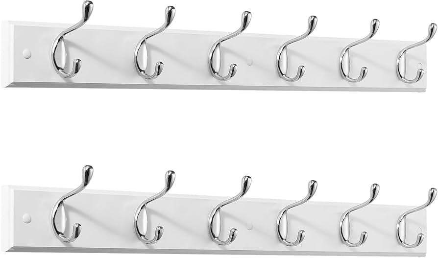 Coat Rack Wall Mount 2 Pack, White Coats Hangers with 6 Metal Silver Hooks for Hanging Jacket, Co... | Amazon (US)