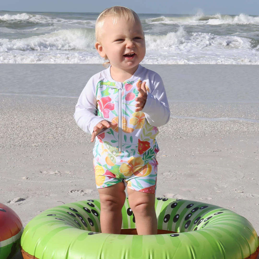Long Sleeve Rash Guard Swim Romper Shortie | Tropical Paradise | Caden Lane