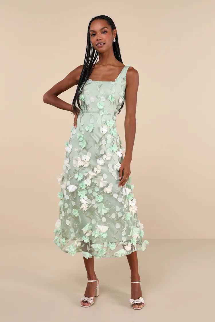 Mint Green Mesh 3D Floral Embroidered Midi Dress | Light Green Dress | Sage Green Dress | Lulus