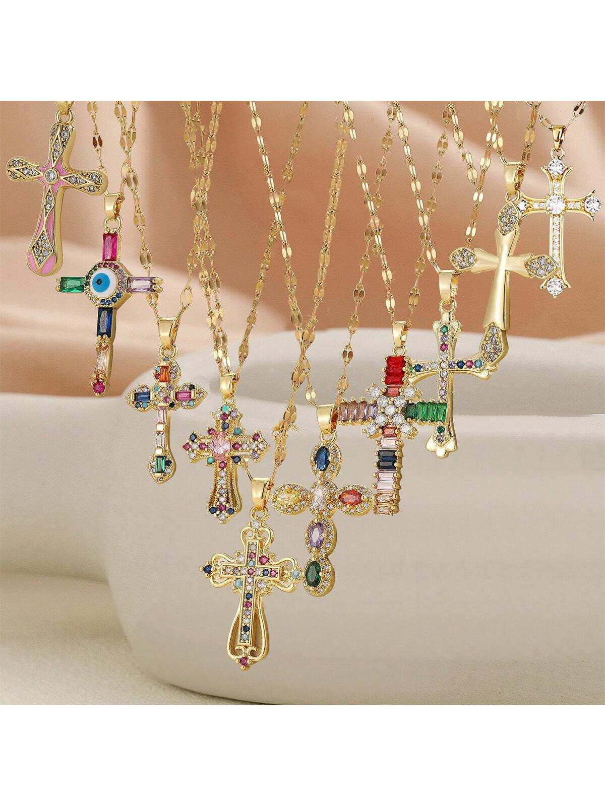 One Copper Alloy Cross Pendant With Micro Inlaid Colorful Cubic Zirconia, Personalized Lip Chain ... | SHEIN