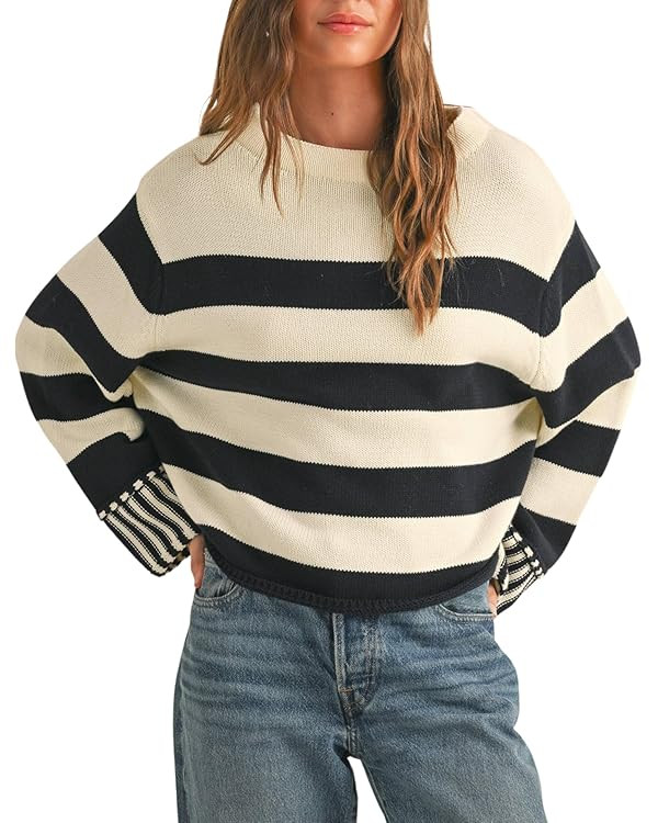 Esmeling Women's Casual Loose Striped Sweater Fall Long Sleeve Crew Neck Knitted Pullover Tops | Amazon (US)