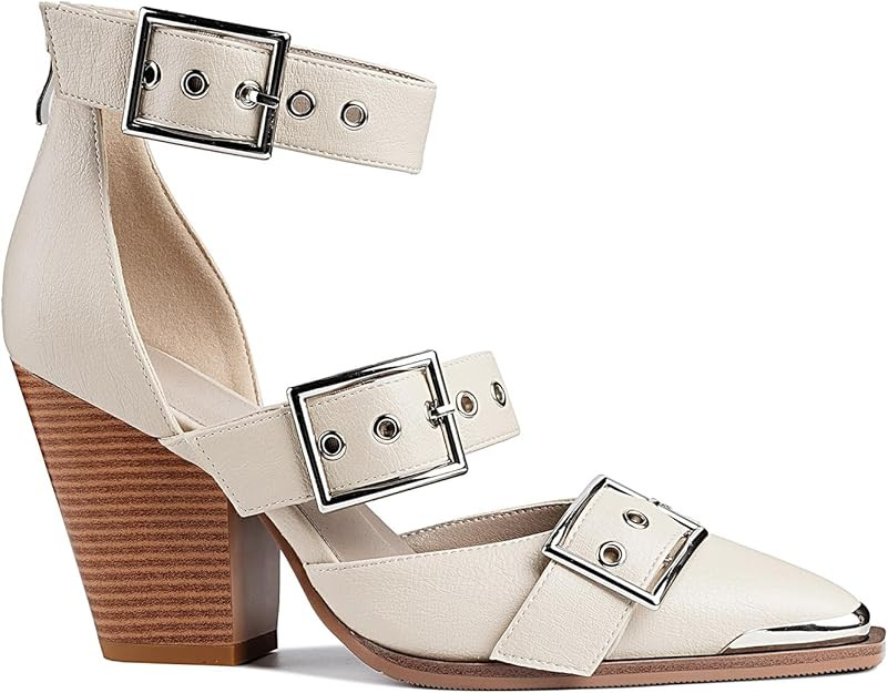 Western Sandals for Women Chunky Wedge Heels Pointed Toe Pumps Ankle Strap Metal Buckle Strappy H... | Amazon (US)