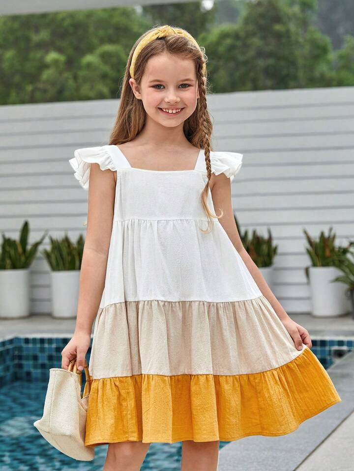 SHEIN Kids SUNSHNE Girls 1pc Colorblock Ruffle Trim Ruffle Hem Smock Dress | SHEIN