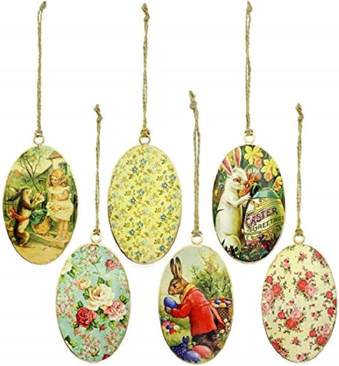 AuldHome Design Vintage Style Egg-Shaped Easter Decorations (Set of 6); Bunny and Egg Ornaments | Amazon (US)