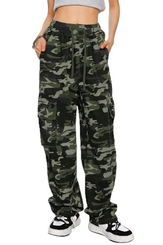 HVEPUO Camo Pants Women High Waisted Wide Leg Casual Y2K Camoflage Cargo Pants Baggy Elastic Waist Straight Jeans Trousers Black and Grey Camo M | Amazon (US)