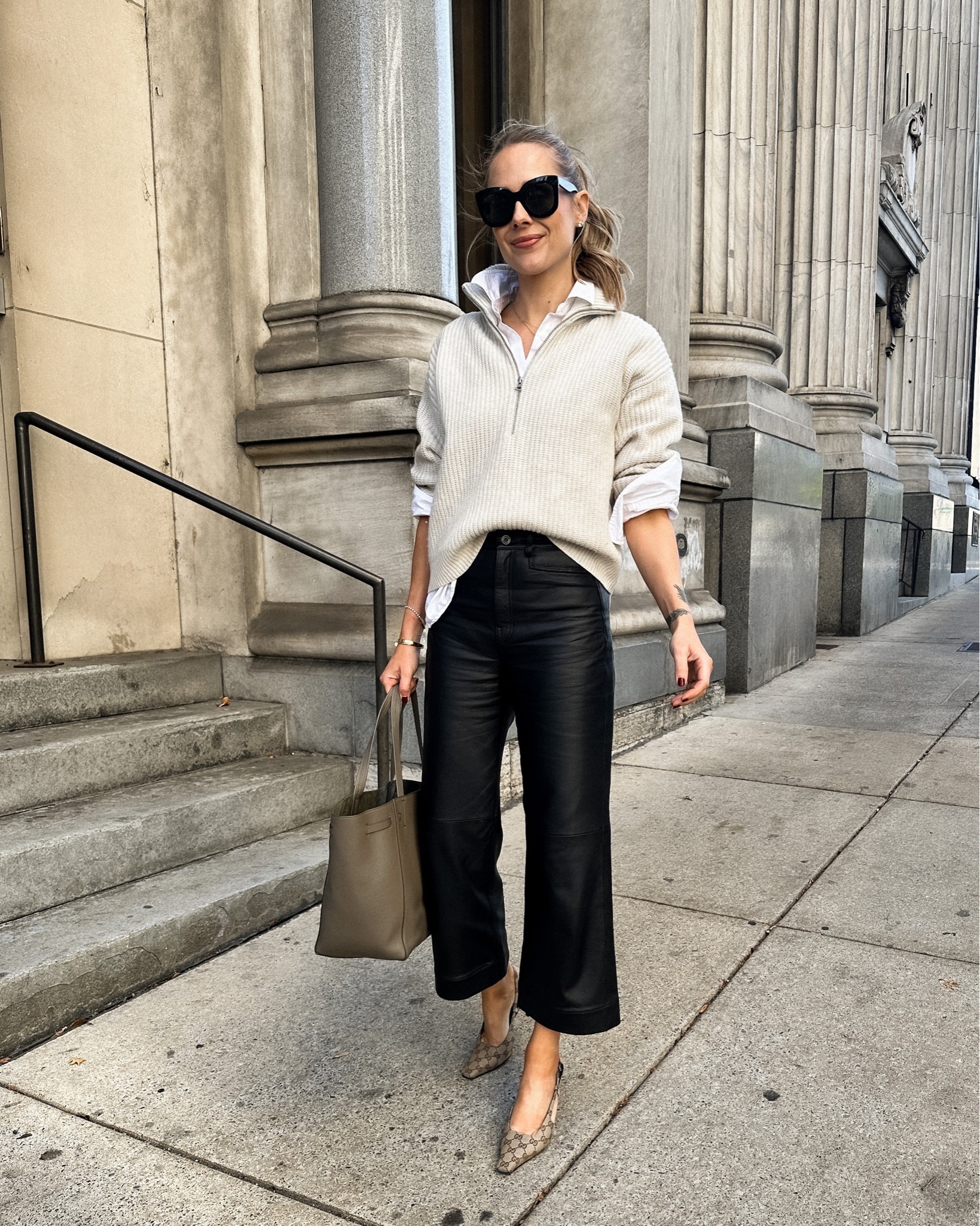 Fashion Jackson wearing fall workwear outfit, black leather pants, half zip sweater, white shirt (JACKSON15 discount) Gucci slingbacks, tote, #workwear #fashionjackson #falloutfits 

#LTKshoecrush #LTKSeasonal #LTKstyletip