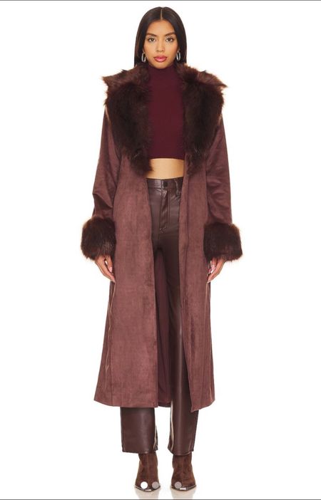 Penny Lane Coat. Fur trimmed coat. Burgundy fur trimmed coat for women. 