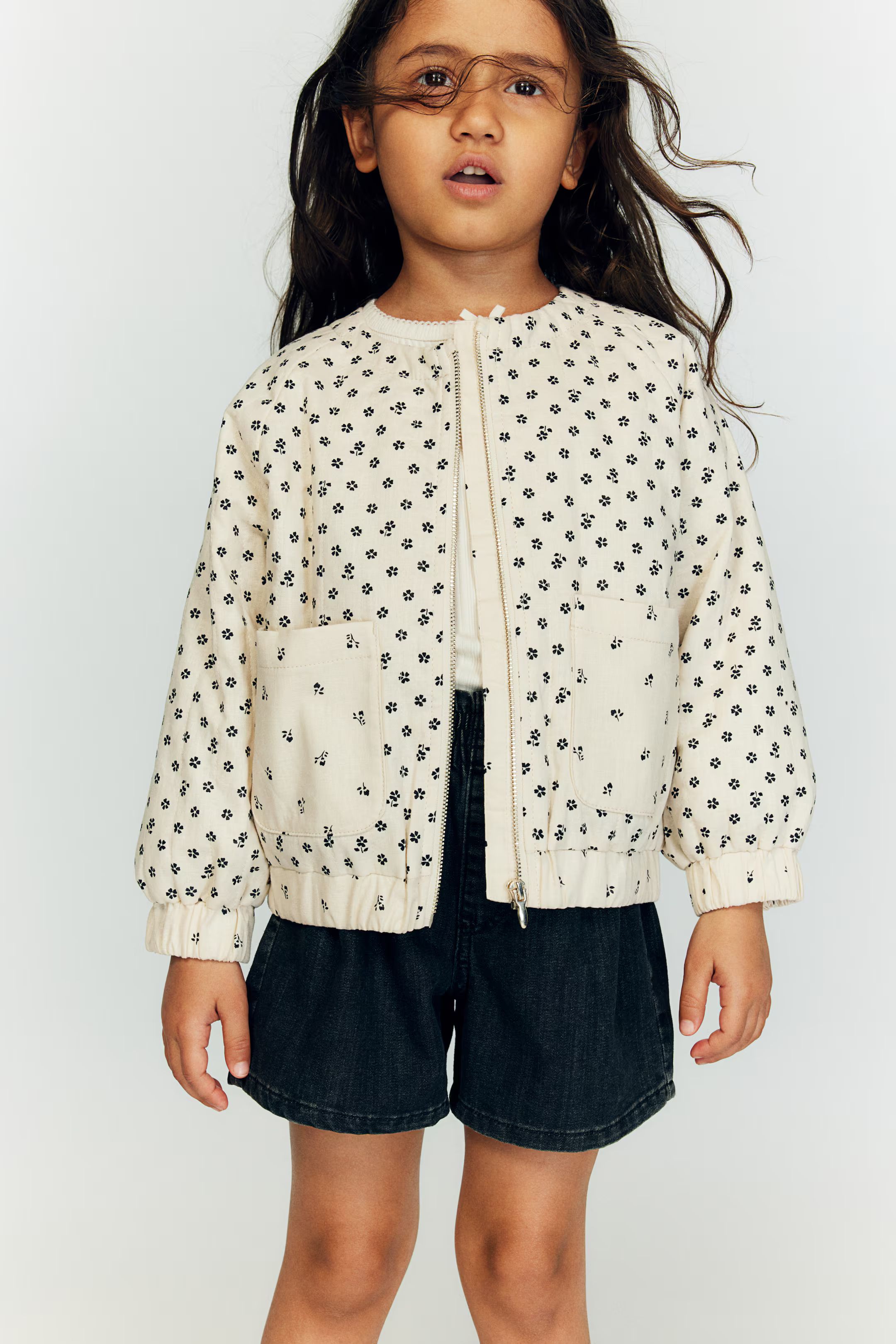 Patterned Linen-blend Jacket - Round Neck - Long sleeve - Light beige/floral - Kids | H&M US | H&M (US + CA)