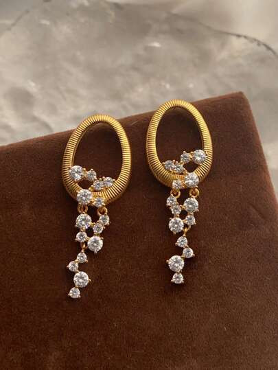 2pcs Oval Hoop Earrings With Zirconia Stone Tassels, Lightweight Luxury Copper Gold Color Earring... | SHEIN