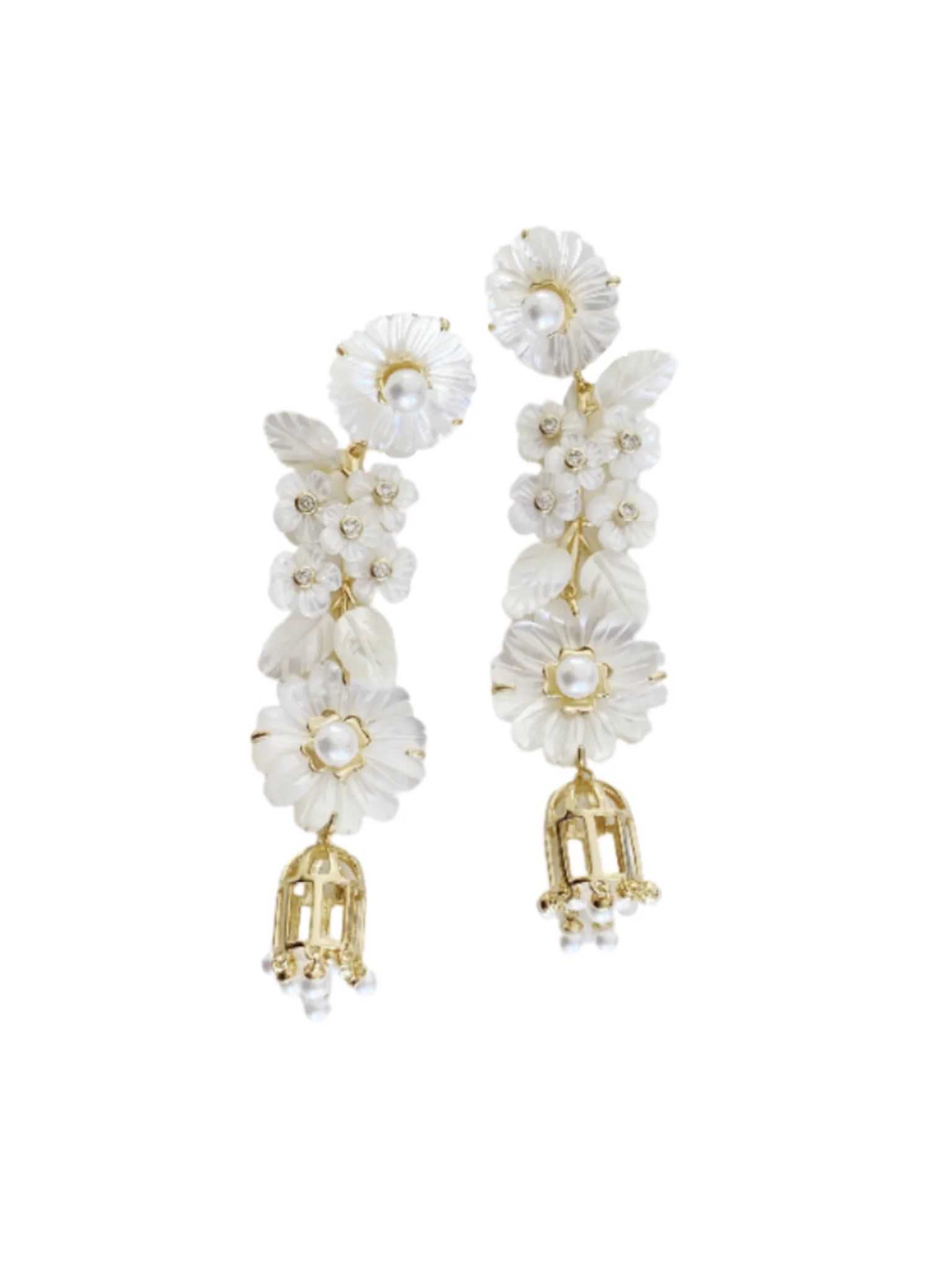 mother of pearl + pearl + bird cage earrings | Nicola Bathie Jewelry