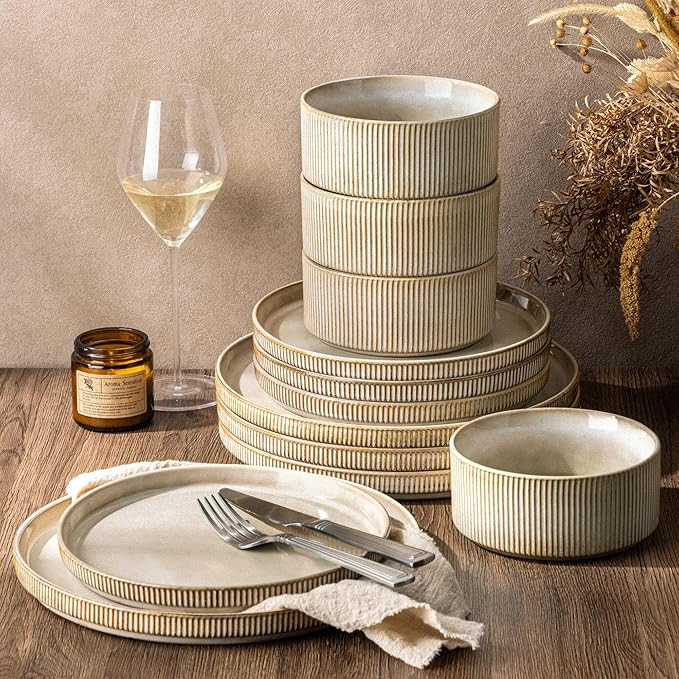 GBHOME 12-Piece Stoneware Dinnerware Set for 4 – Ribbed Ceramic Plates and Bowls, Scratch-Resis... | Amazon (US)