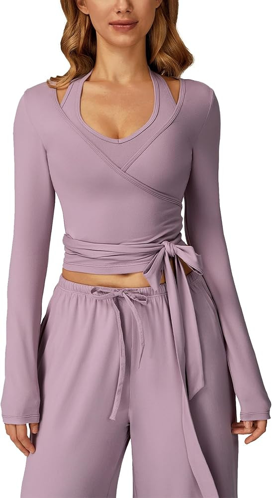 ABOCIW Women Ballet Wrap Top Long Sleeve Self Tie Workout Pilates Yoga Wrap Tops Ballet Cover Up ... | Amazon (US)