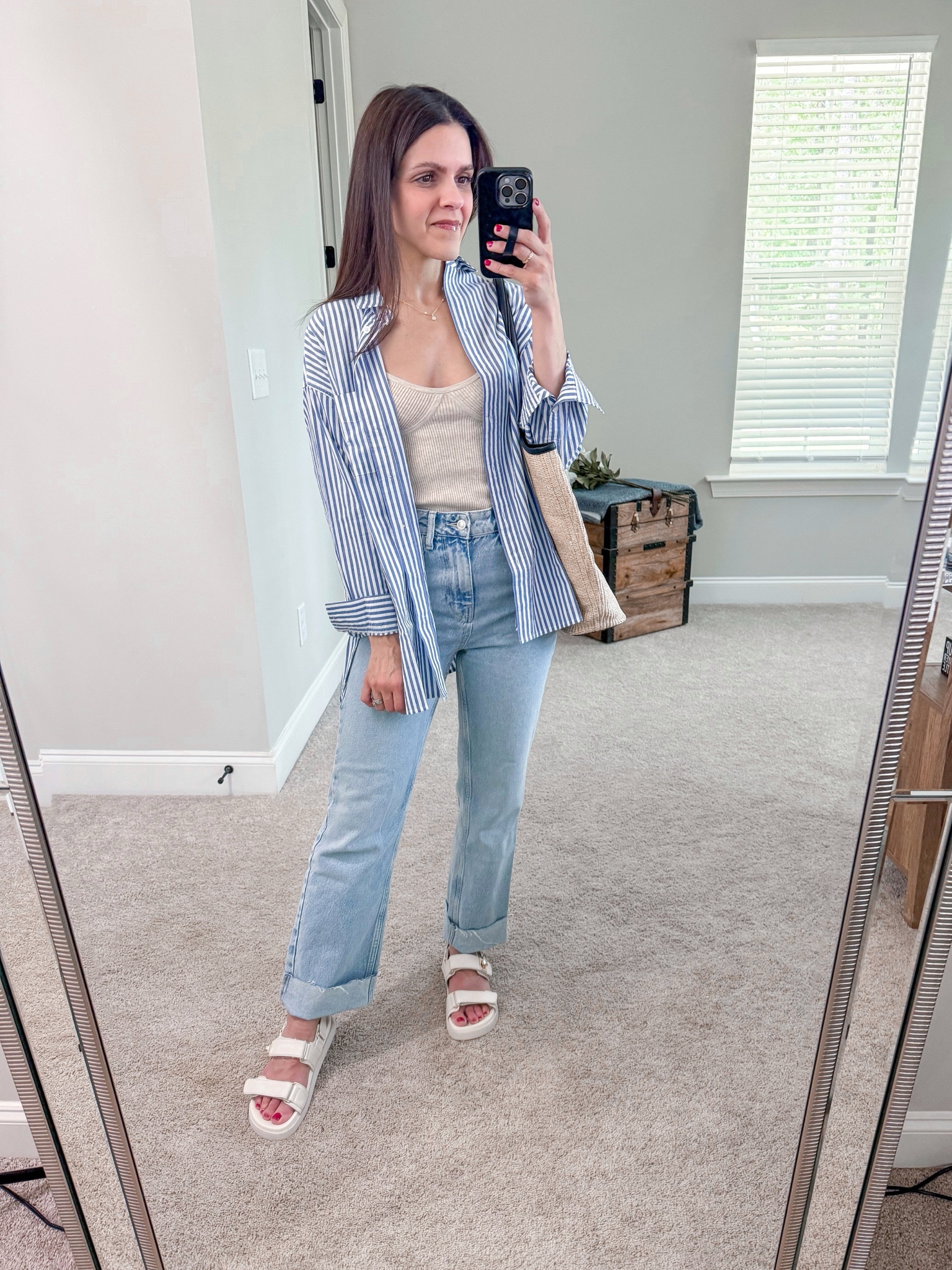 #ootd Daily Look  | ribbed sweater tank, striped oversized button up, straight jeans, white sandals, straw tote 

#LTKStyleTip