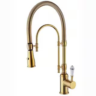 Single-Handle Spring Tube Pull-Down Sprayer Kitchen Faucet in Polished Gold | The Home Depot