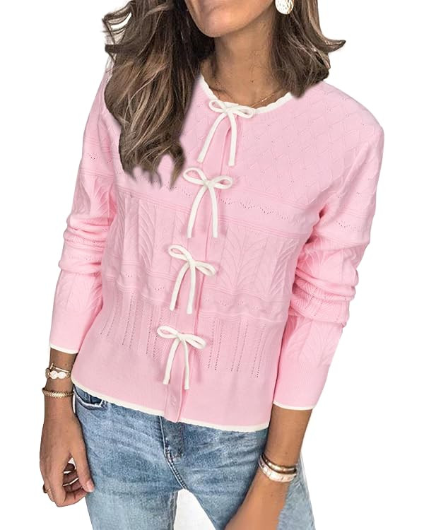 Arach&Cloz Women’s Bow Sweaters Fall Color Block Casual Cardigan Sweaters 2025 | Amazon (US)