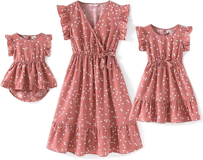 IFFEI Mommy and Me Dress All Over Floral Print White V Neck Ruffle Flutter-Sleeve Belted Dress fo... | Amazon (US)