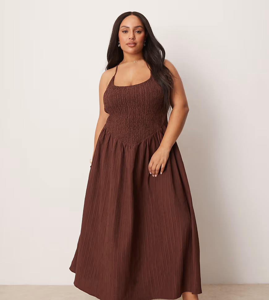 ASOS DESIGN Curve scoop neck crinkle maxi dress with cross back in chocolate-Brown | ASOS (Global)
