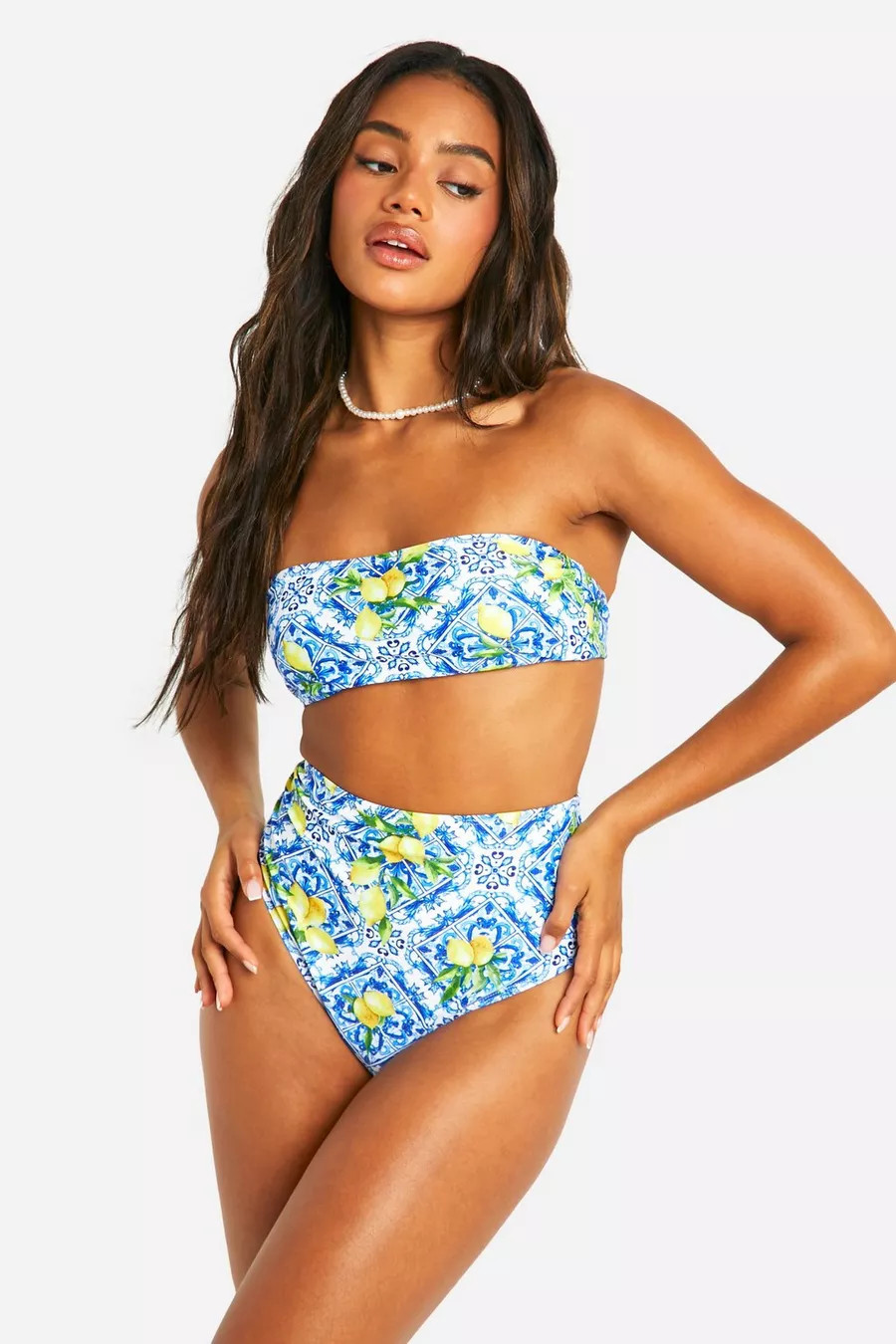 Lemon Tile Print Bandeau Bikini Top | Boohoo.com (UK & IE)