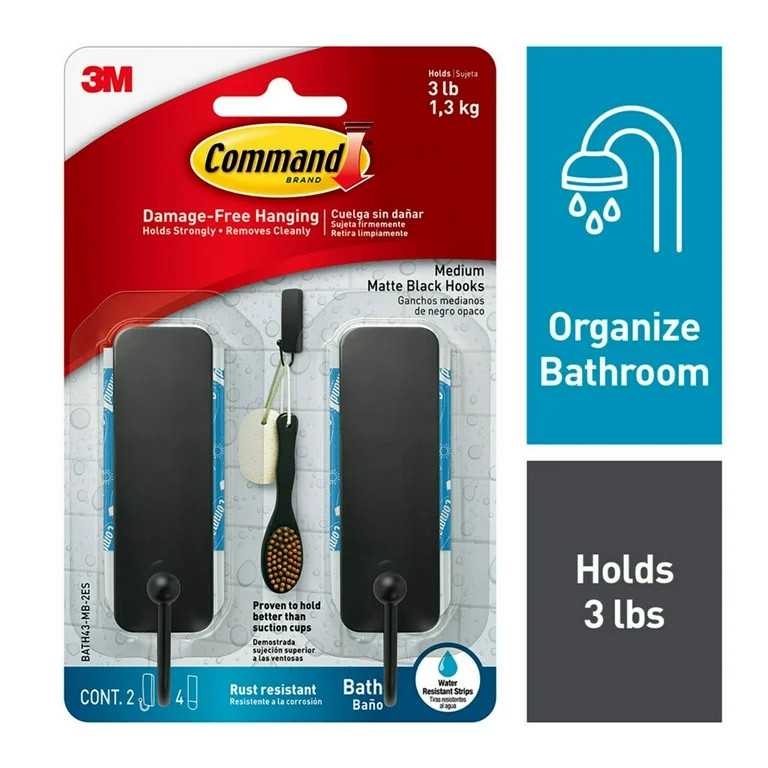 Command Bath Hook, Medium, Matte Black, 2 Hooks 4 Strips per Pack, Bathroom Organization | Walmart (US)