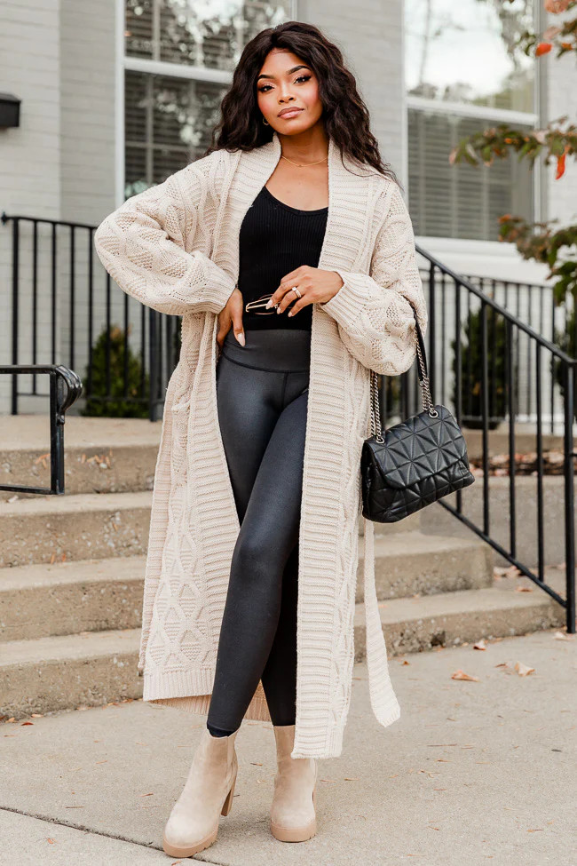 All About You Belted Beige Cable Knit Cardigan | Pink Lily