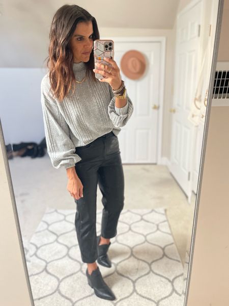 Shein sweater- size small. Would prefer a M for a more oversized fit 
Shein leather pants- size M
Steve Madden boots- size up half size 

#LTKstyletip #LTKunder50 #LTKSeasonal