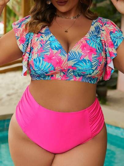 New
     
      Plus Tropical Print Ruffle Trim Bikini Swimsuit | SHEIN