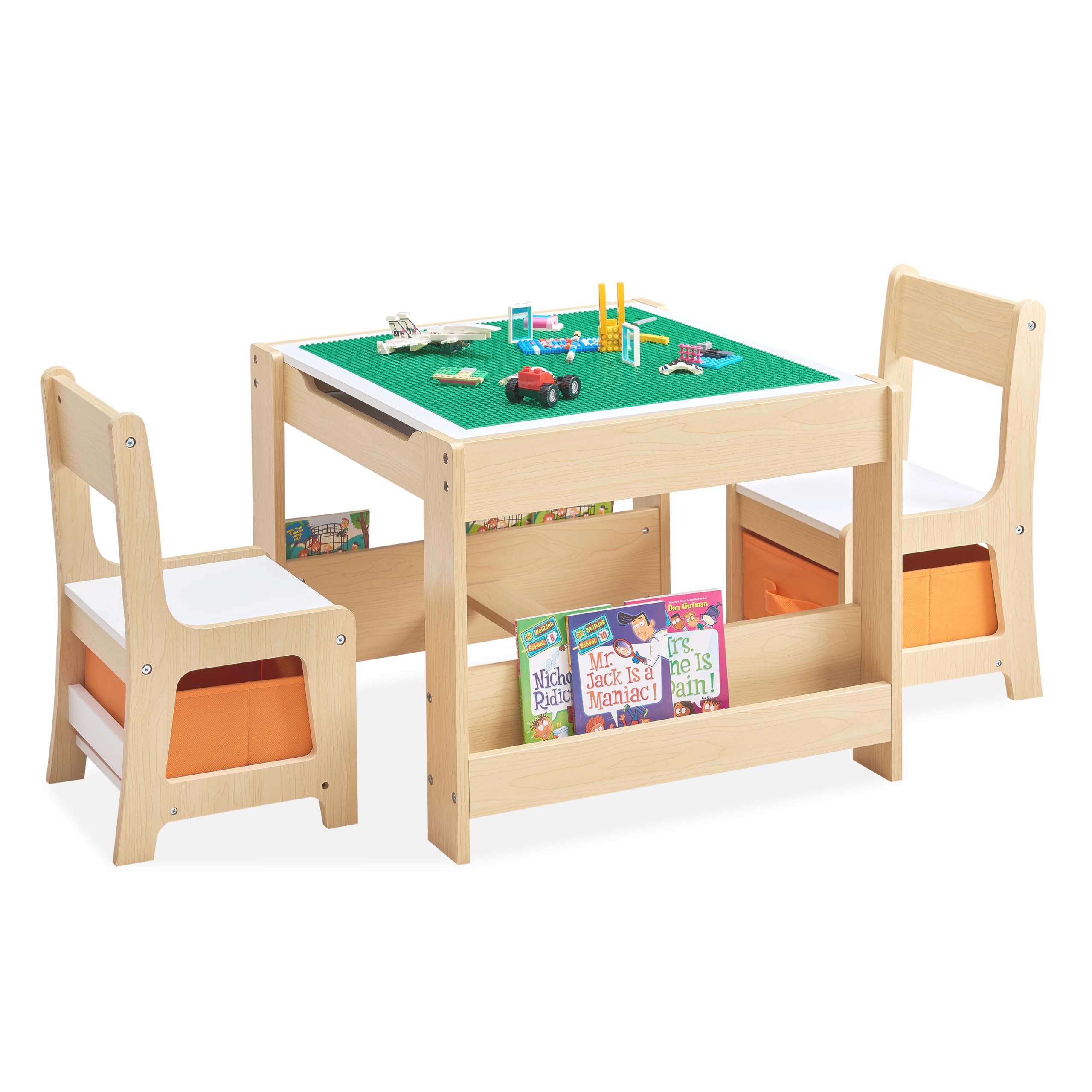 Kids Table and Chair Set, 4 in 1 Wooden Activity Table with Bookshelves and Storage Drawer, 2 in ... | Amazon (US)