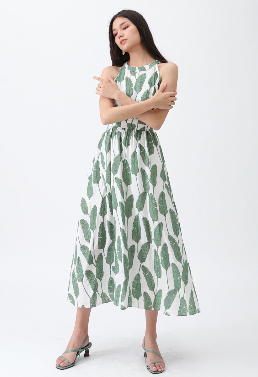 Summer Palm Leaf Print Halter Neck Maxi Dress in Green | Chicwish