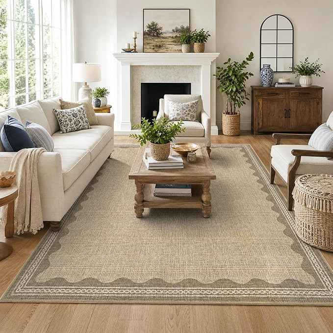 GarveeHome Washable Rugs 5x7 Rug for Living Room, Scalloped 5 x 7 Rug Solid Tan Jute Digital Prin... | Amazon (US)