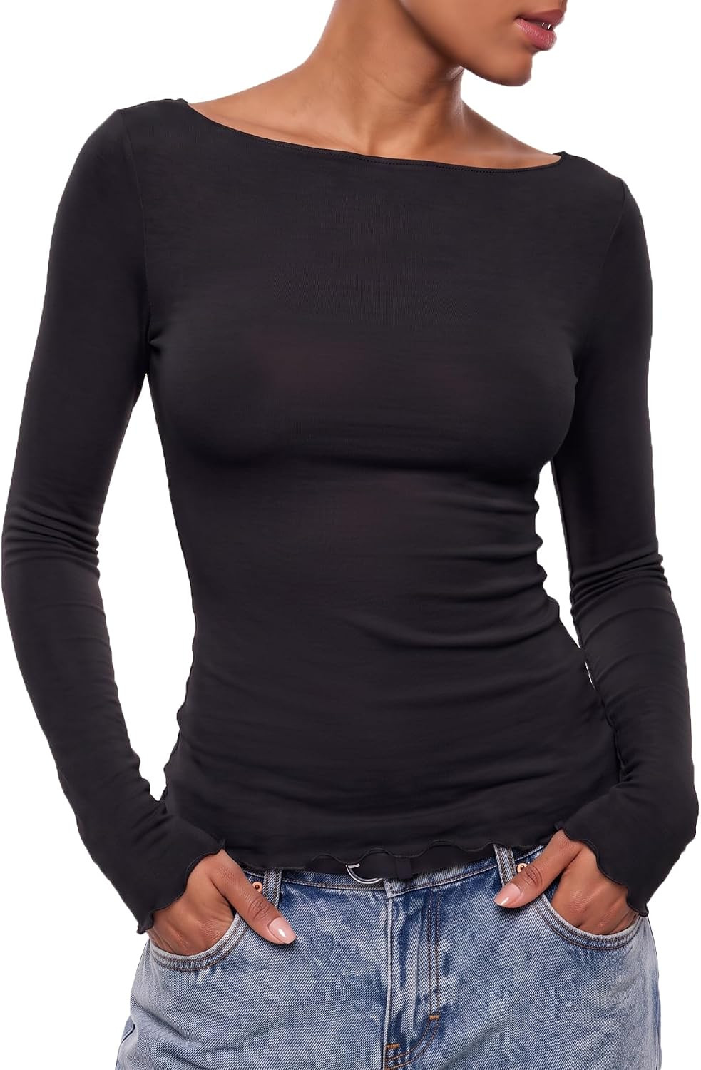 QINSEN Long Sleeve Shirts for Women Boat Neck Slim Fit Going Out Tops | Amazon (US)