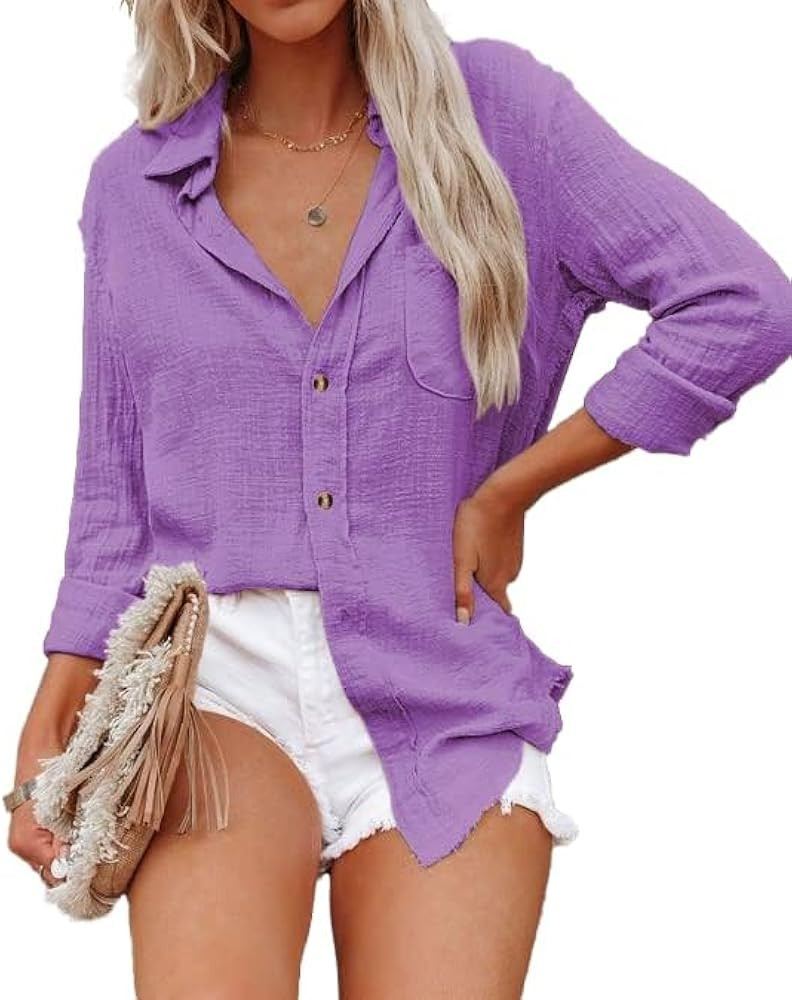 Women's Bamboo Cotton Linen V Neck Button Down Shirt Long/Roll Up Sleeve Casual Collared Work Blo... | Amazon (US)