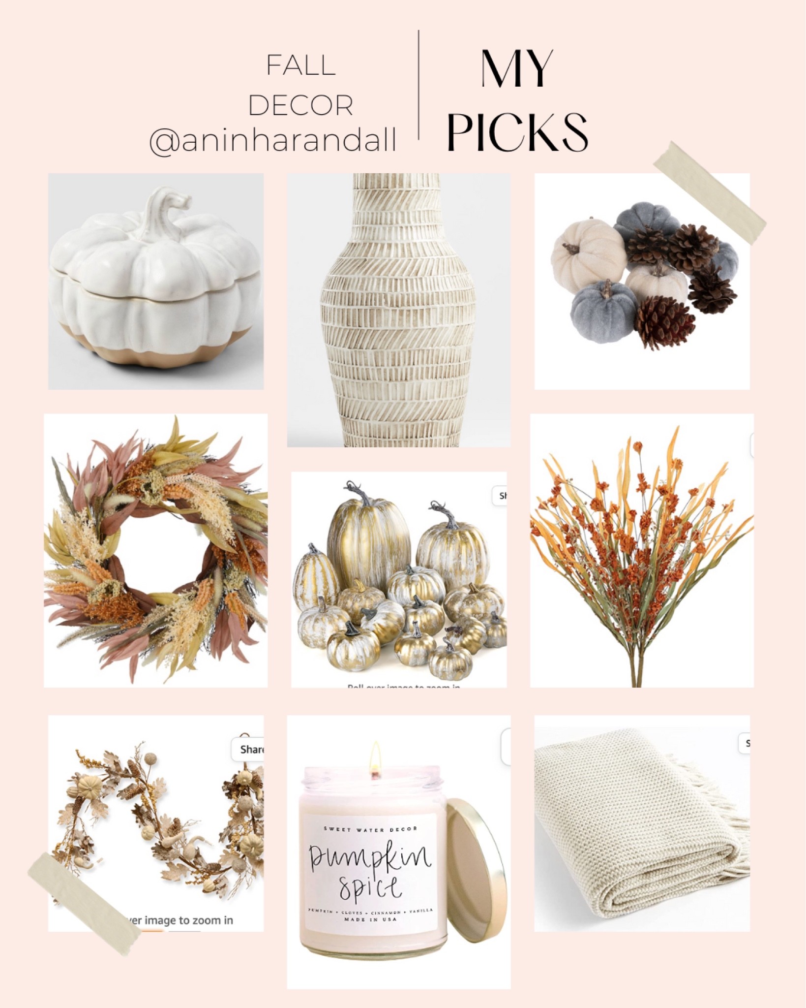 Fall decor picks, pumpkins, pumpkin dish, wreath, gold pumpkins, garland, throw blanket, pumpkin spice candle 

#LTKSeasonal #LTKhome #LTKstyletip