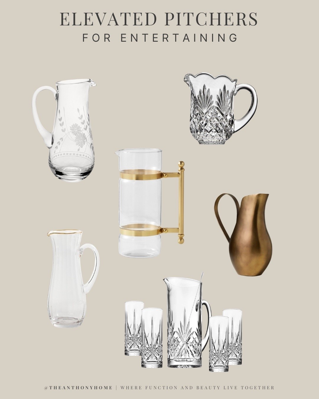 Elevated pitchers for water, iced tea, lemonade, sangria, batch cocktails, mocktails, juice, and table-side drink service. 

A pretty pitcher is one of those hosting pieces that works for everyday dinners, brunch, showers, holidays, and outdoor entertaining. I love glass pitchers, crystal pitchers, gold-accent pitchers, and decorative water pitchers for keeping drinks on the table or adding something pretty to a self-serve drink station.

#LTKHome