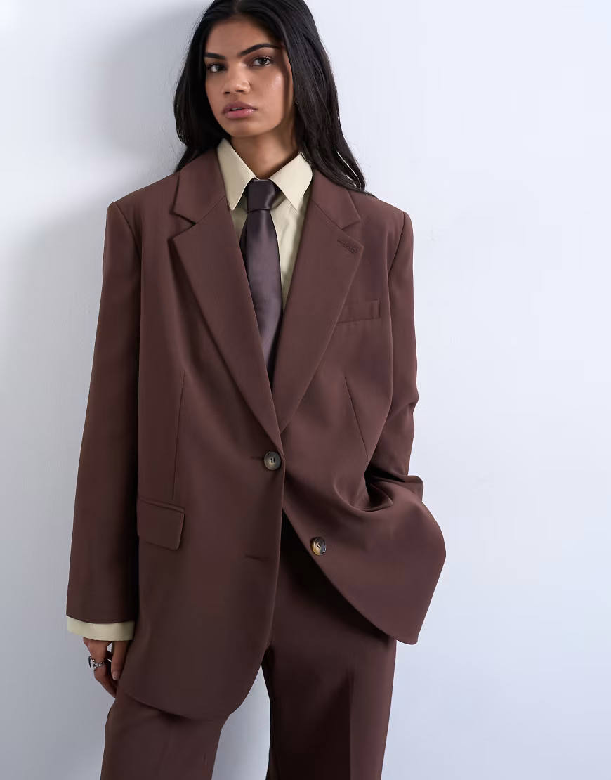 Topshop 2-button relaxed fit blazer in chocolate (Part of a set)-Brown | ASOS (Global)
