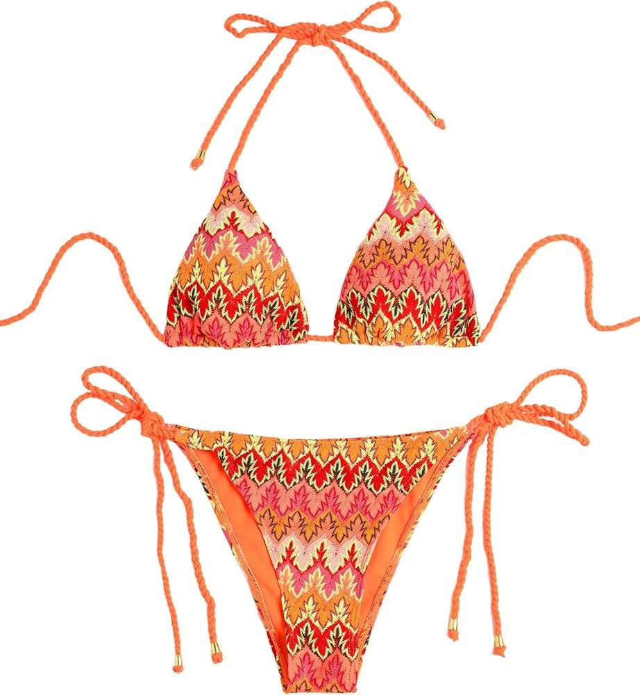 ZAFUL 2 Piece Triangle Bikini for Women Knitted Rope Halter Bikini Sets Sexy Bathing Suit Side Ti... | Amazon (US)