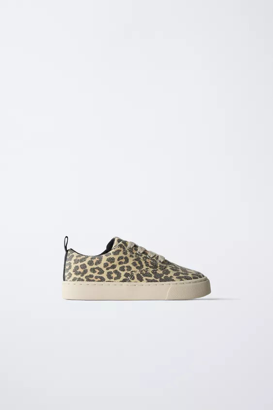 Leopard print 100% cotton sneakers. Adjustable lace-up and side zipper closure. Back pull tab for... | Zara US