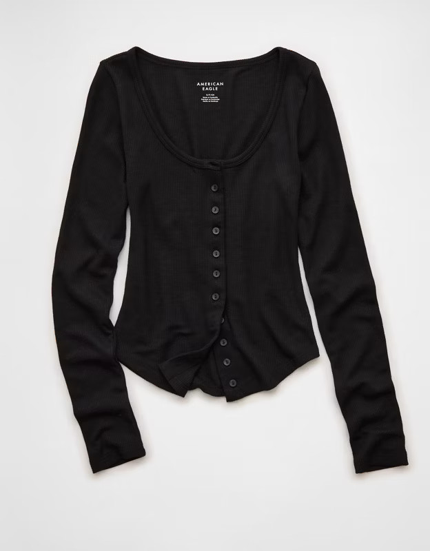 AE Waffle Long Sleeve Button-Up Tee | American Eagle Outfitters (US & CA)