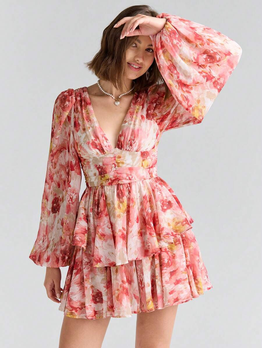 Enchnt Romantic Holiday Elegant Floral Allover Print Lantern Sleeve Women's Summer Cute Dress | SHEIN