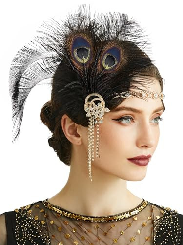 BABEYOND 1920s Flapper Headpiece Headband - Art Deco Roaring 20s Great Gatsby Feather Headband 1920s Flapper Gatsby Accessories (Black) | Amazon (US)