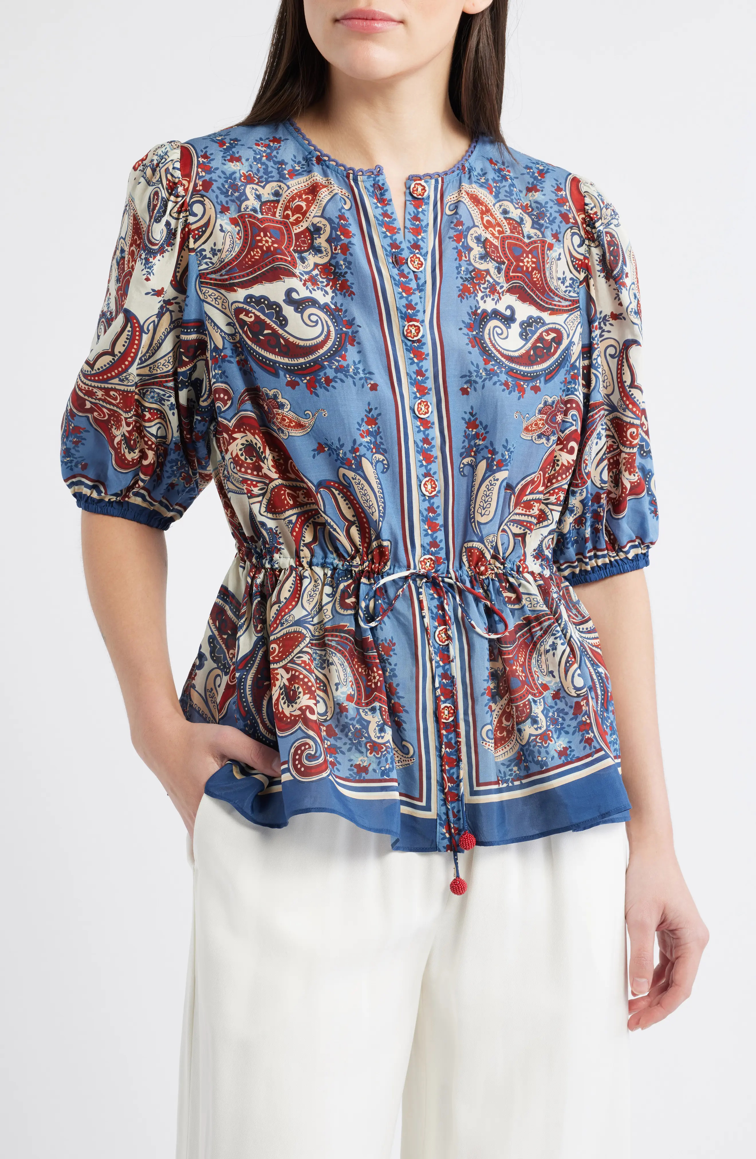 FARM Rio Paisley Print Cotton Blend Top in Paisley Scarf Cream at Nordstrom, Size Medium | Nordstrom