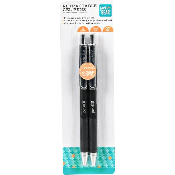 Pen + Gear Retractable Gel Pen, Medium Point, 0.7 mm, Black, 2-Count, 192532 - Walmart.com | Walmart (US)