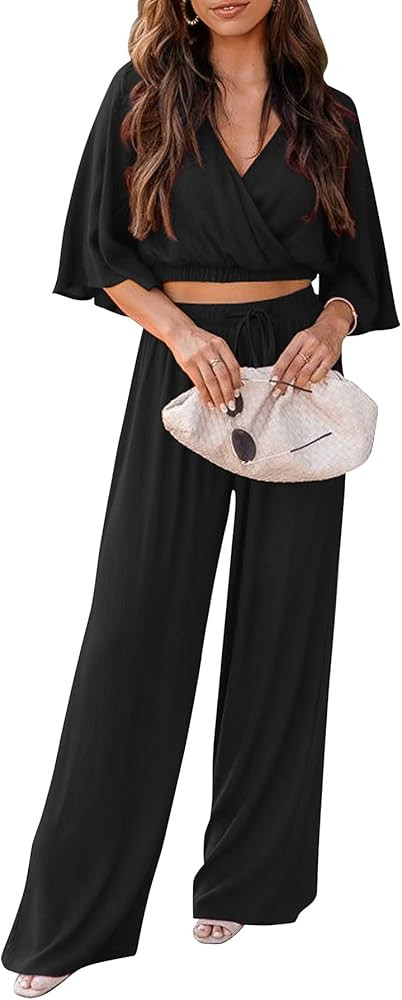 PRETTYGARDEN 2 Piece Outfits for Women 2023 Summer Short Sleeve Wrap V Neck Crop Tops Wide Leg Pants | Amazon (US)