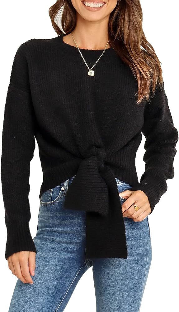Okiwam Women's Long Sleeve Cropped Knit Sweater Tie Front Crew Neck Solid Color Ribbed Pullover 2023 | Amazon (US)