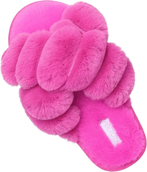 JIASUQI Women's Open Toe Slippers Fuzzy Fluffy House Slippers for Women Cozy Criss Cross Furry Sl... | Amazon (US)